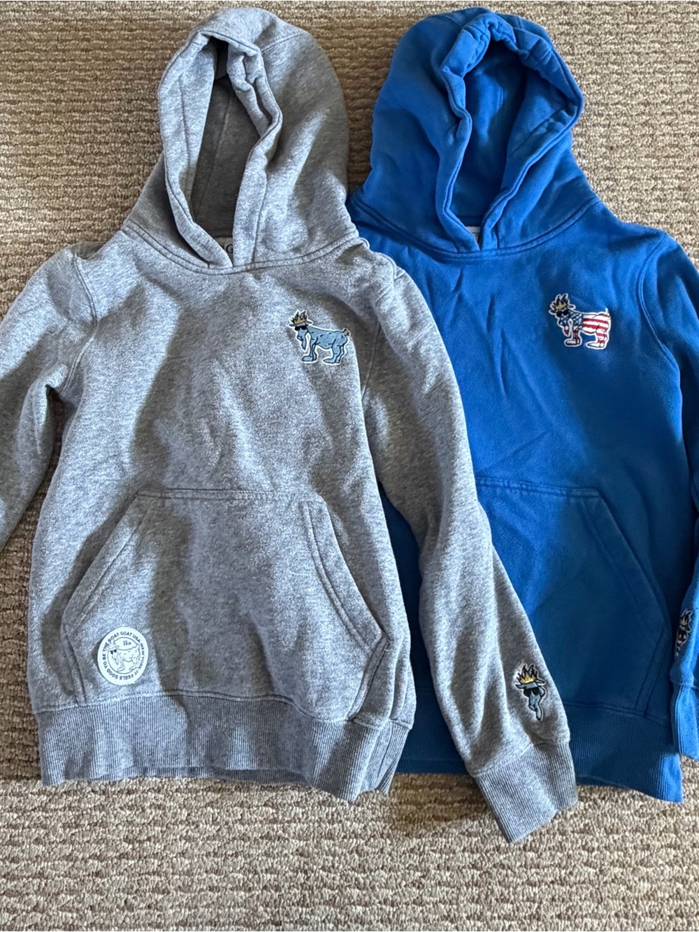 Two GOAT USA Hooded Pullover Sweatshirts - Gray & Blue Youth M and L